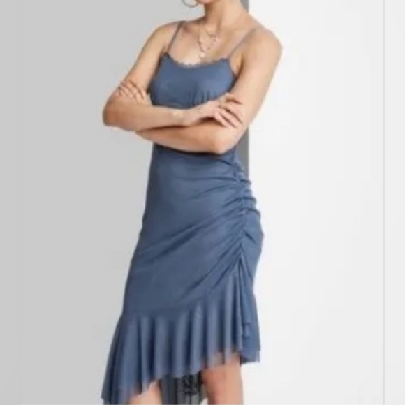 NWOT Wild Fable Women's Blue Sleveless Mesh Asymmetrical Ruffle Hem Dress, XS - Picture 3 of 10